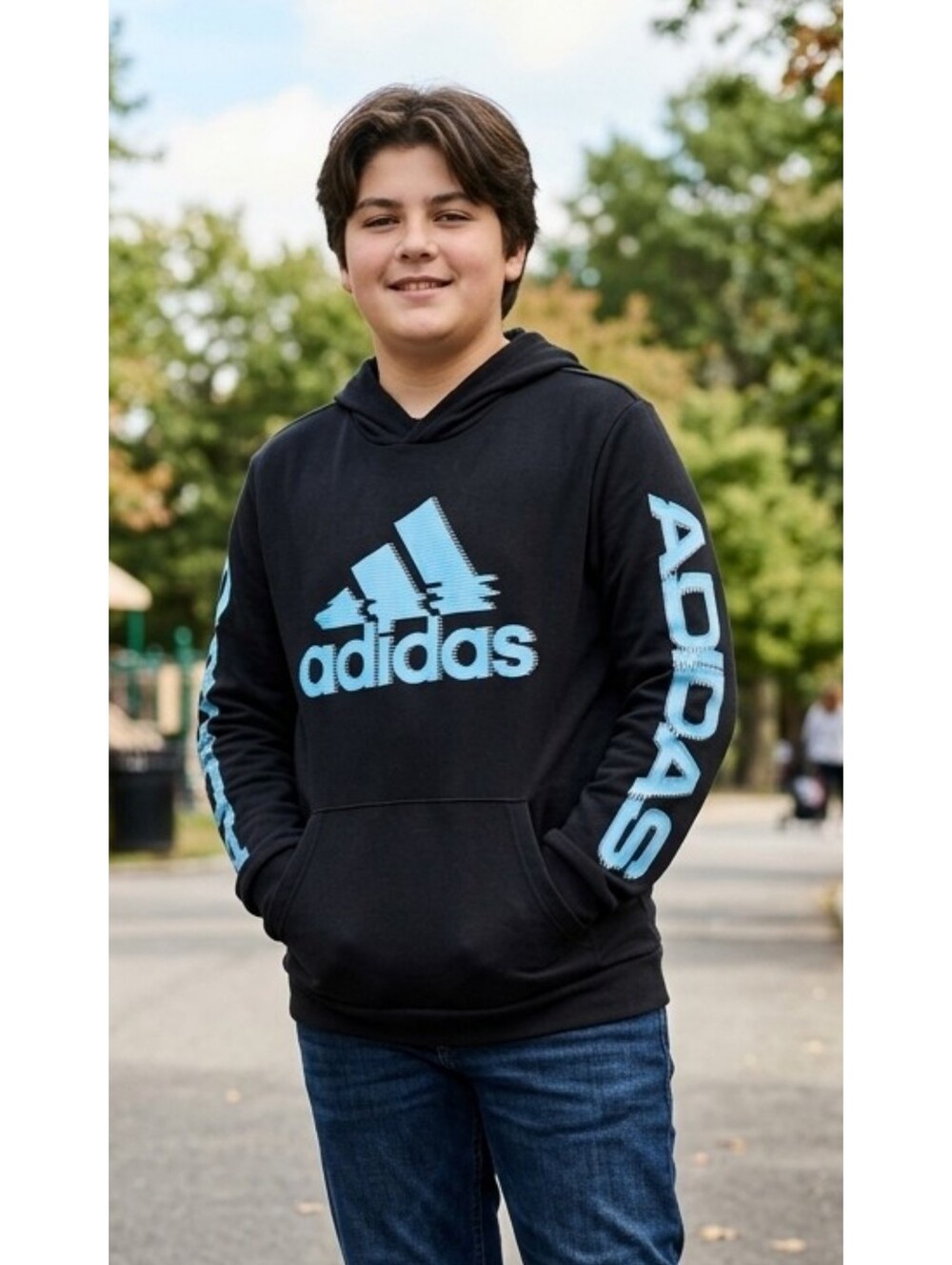Adidas Older Youth Black & Blue Long Sleeve Hooded Husky Tee
